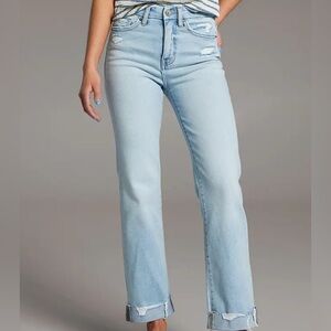 BKE Denim Women's Light Blue Billie Slim Fit High Rise Cropped Straight Jeans